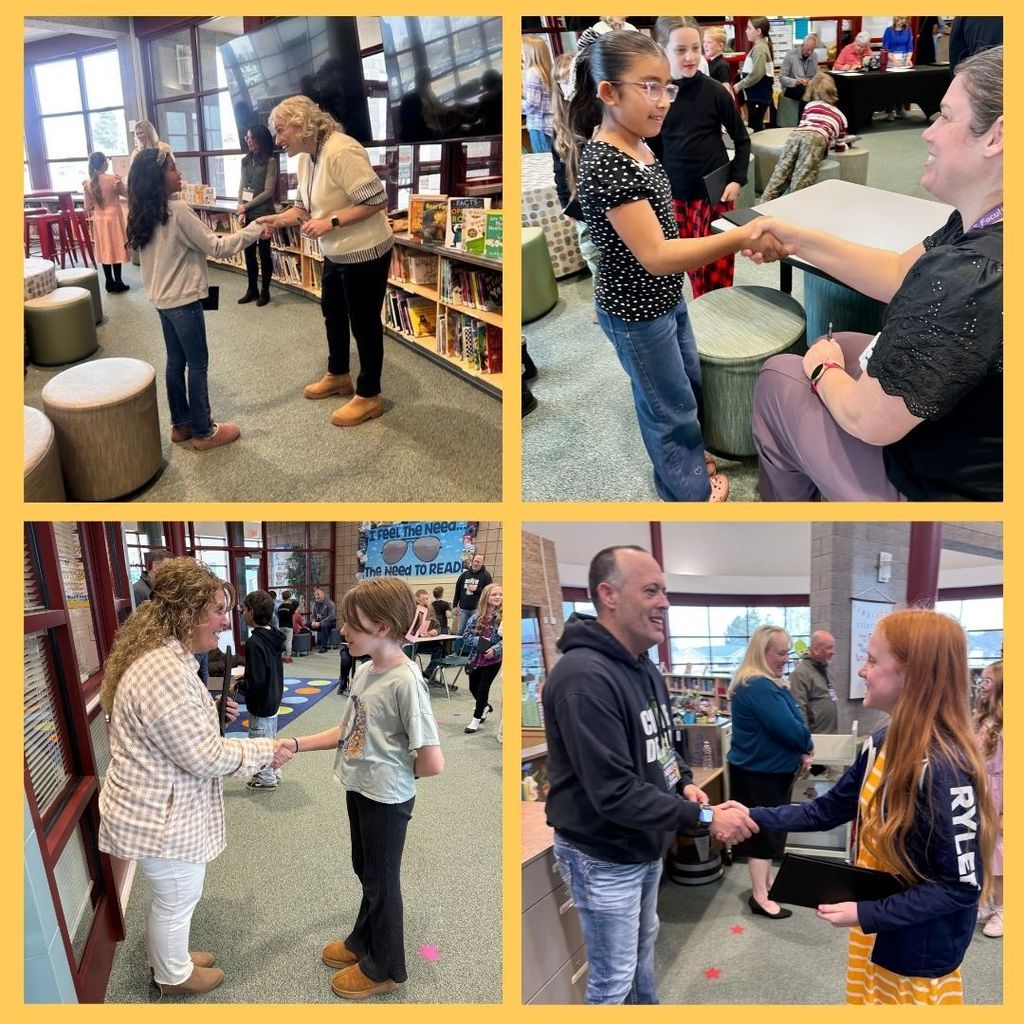 Students shaking hands with adults.