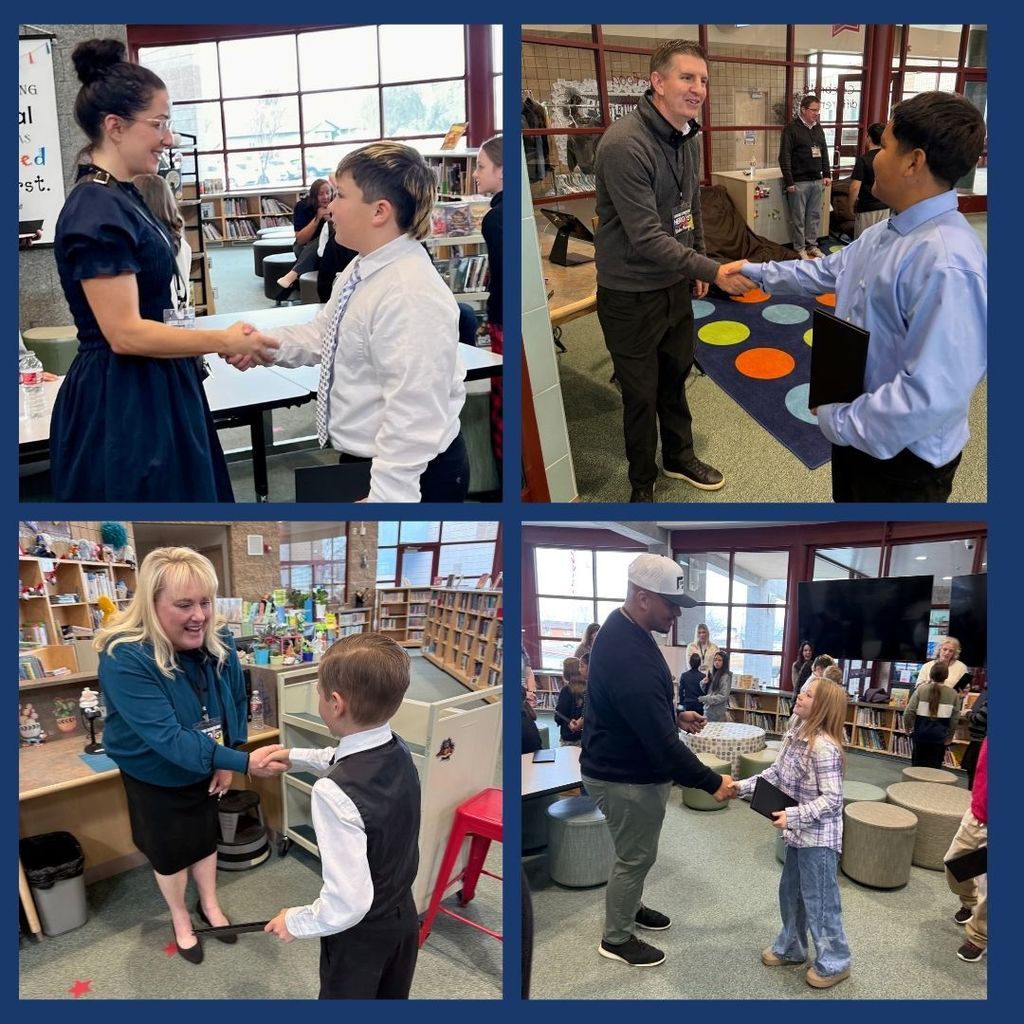 Students shaking hands with adults.