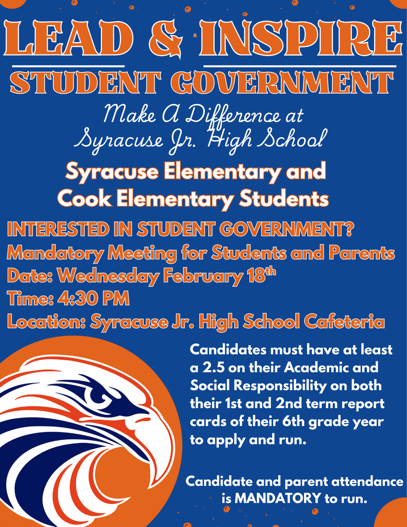 Interested in Student Government? There is a  mandatory parent meeting Wednesday, Feb 18th 4:30pm.