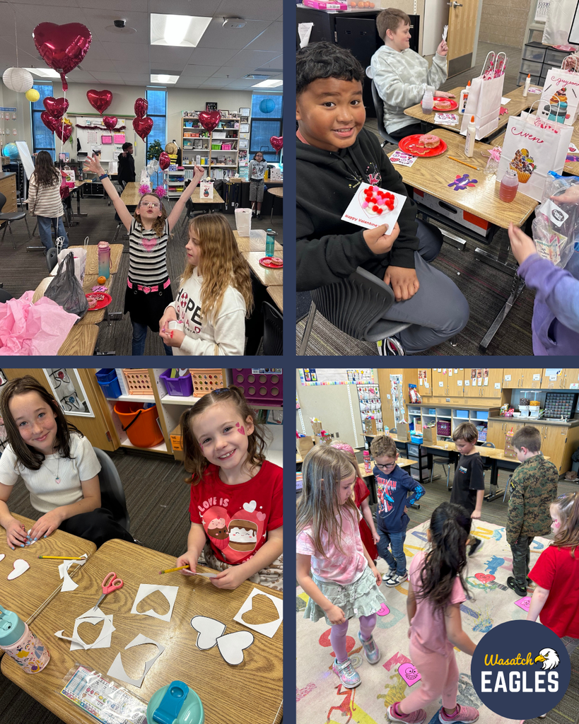 4 photos of elementary students participating in Valentine's Day activities such as passing out Valentines, doing craft, and playing games