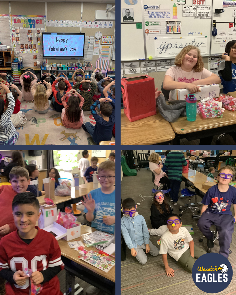 4 photos of elementary students participating in Valentine's Day activities such as passing out Valentines, doing craft, and playing games