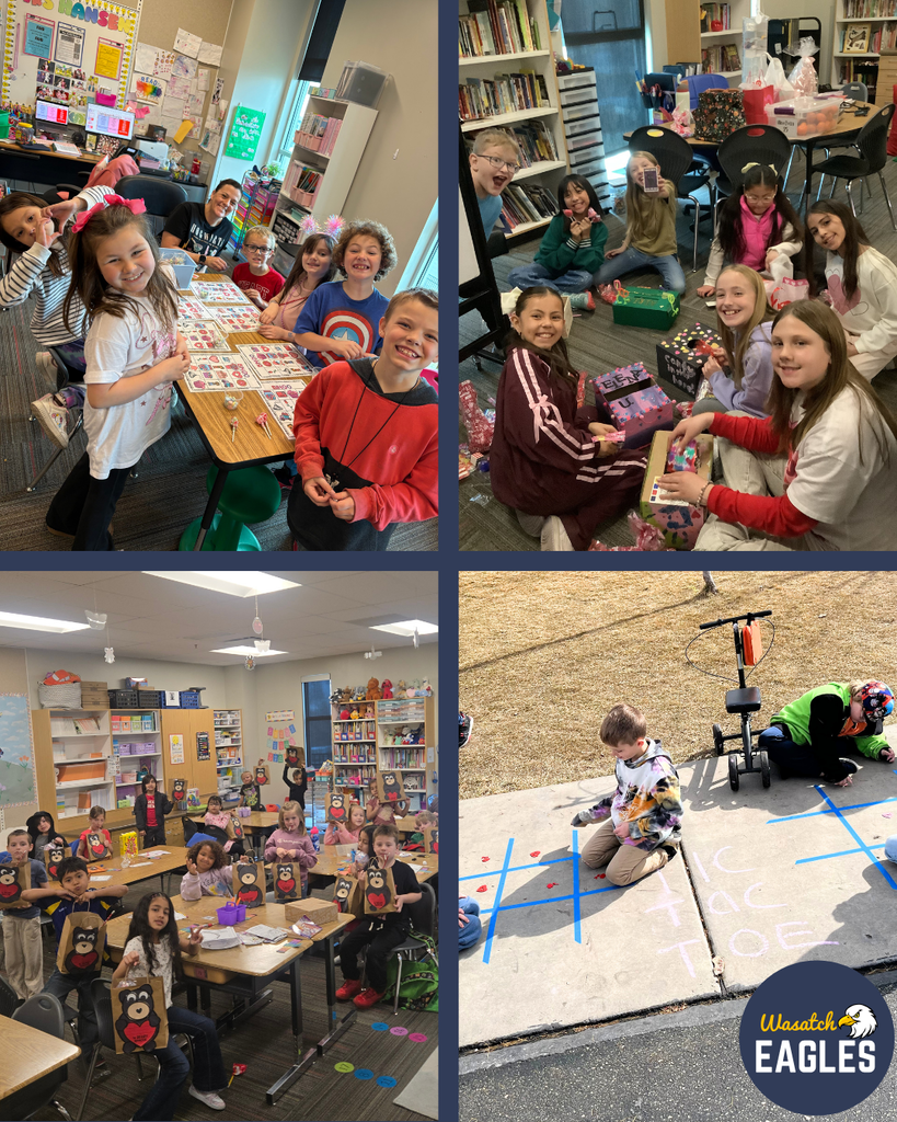 4 photos of elementary students participating in Valentine's Day activities such as passing out Valentines, doing craft, and playing games
