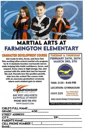 A flyer advertising martial arts classes at farmington elementary after school on February 24th and 26th and march 3rd and 4th