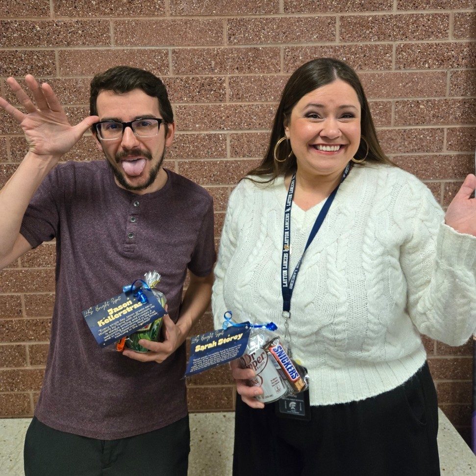 Mr. Kellerstrauss and Mrs. Storey posing with their teacher Bright Spot awards