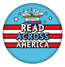 Read Across America written across red and white stripes with books above it