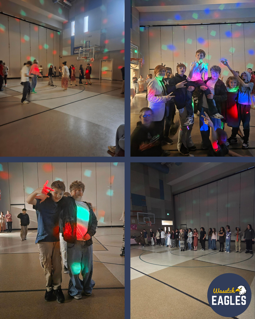 4 pictures of 6th graders hanging out with their friends and dancing in the school's gym.
