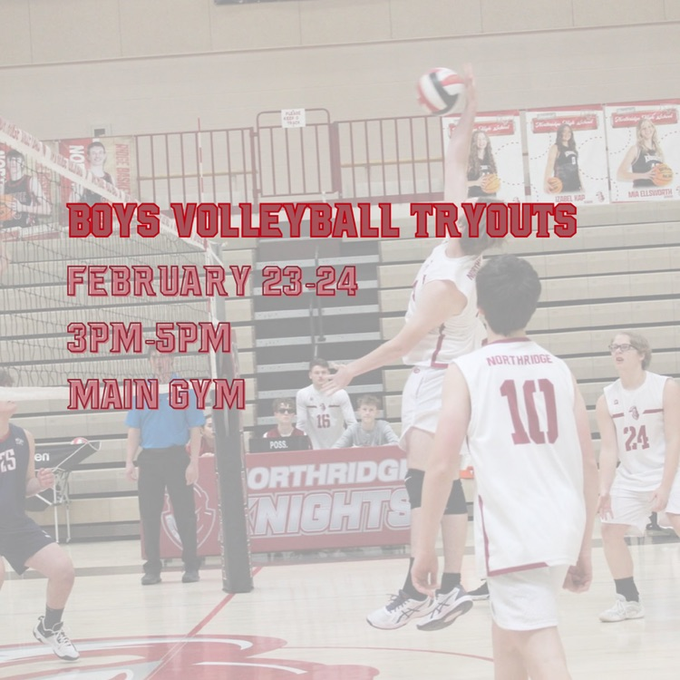 Boys Volleyball Tryouts, February 23-24, 3pm-5pm, Main Gym