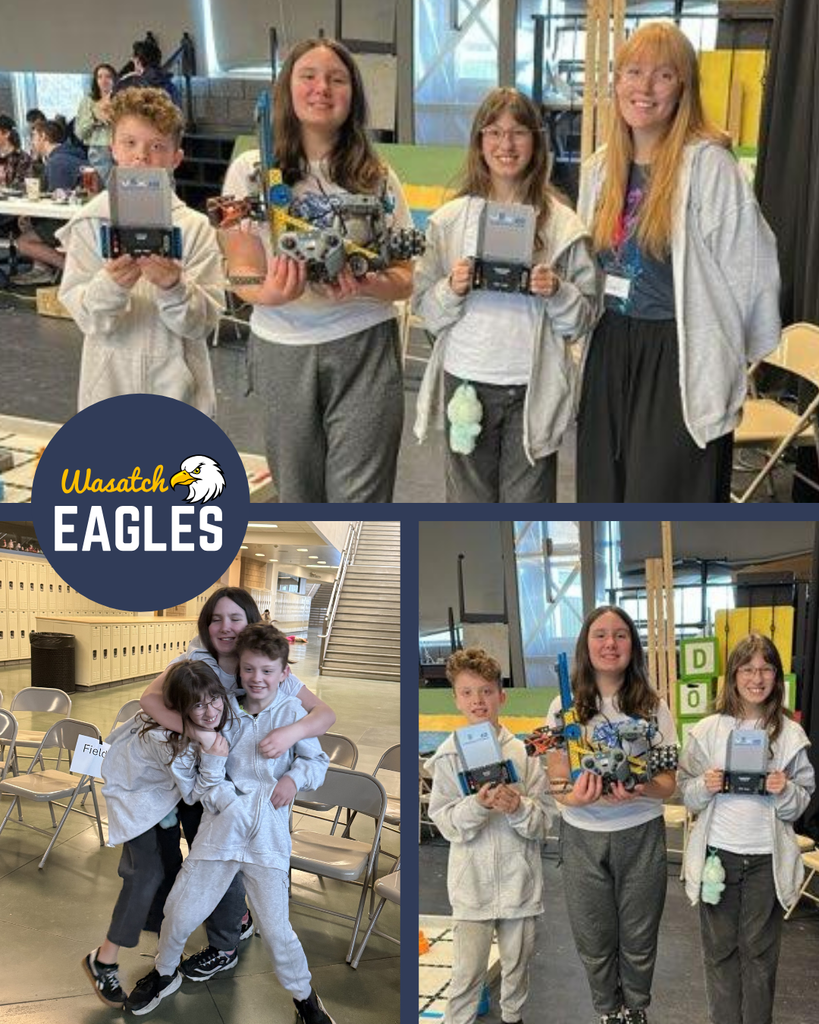Three photos of the robotics team holding up their trophies and hugging in celebration.