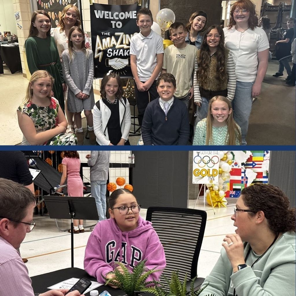 Students pose for a picture by The Amazing Shake sign and another student talks to adults in an office setting. 