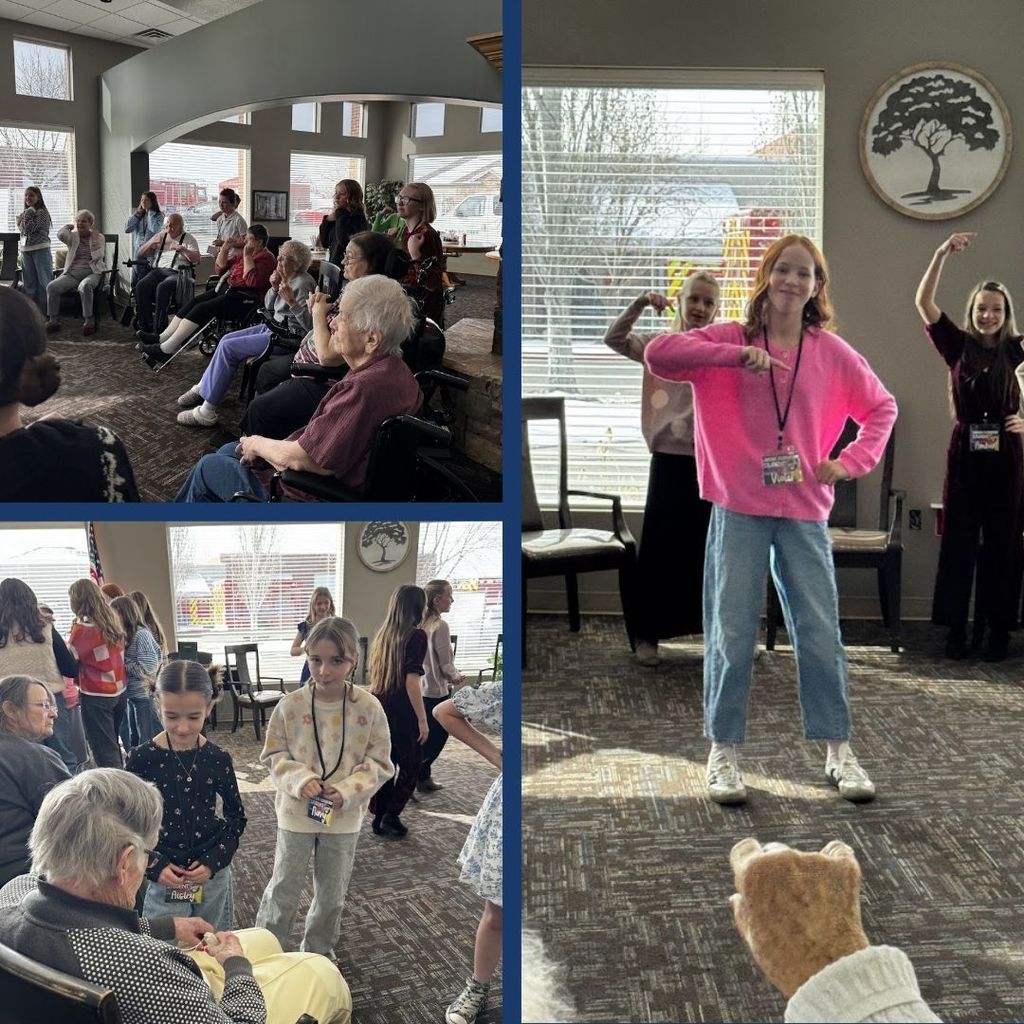 Students leading arm workouts at an assisted living home.