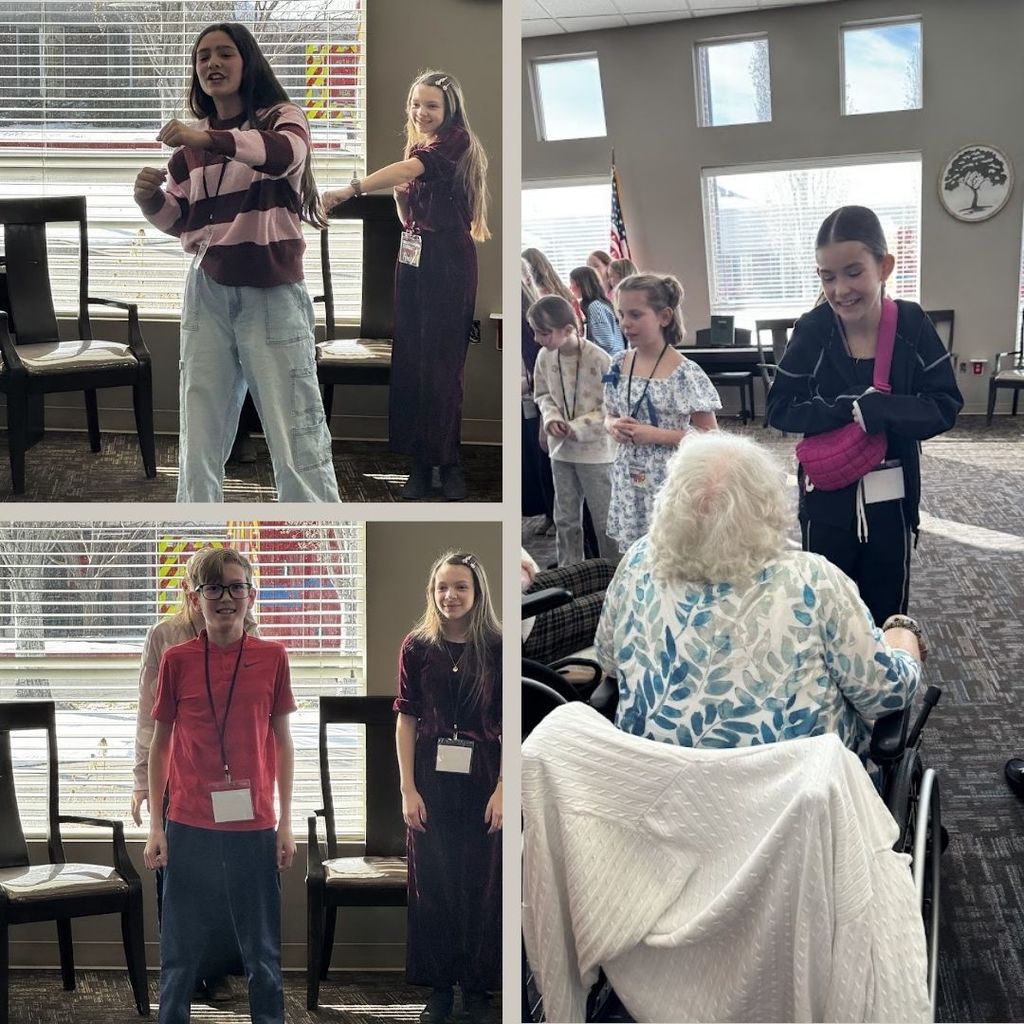 Students leading arm workouts at an assisted living home.