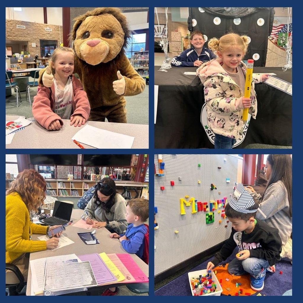 Kindergarten students registering for kindergarten, playing with legos, posing with  a lion mascot, and holding a big pencil.