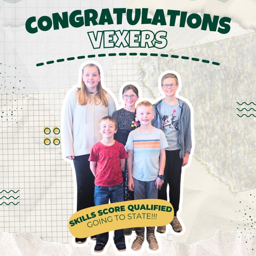 Poster graphic reading “Congratulations VEXXERS.” Five elementary students are shown as cutout figures on a light grid-paper background. A yellow banner says “Skills Score Qualified — Going to State!!!”