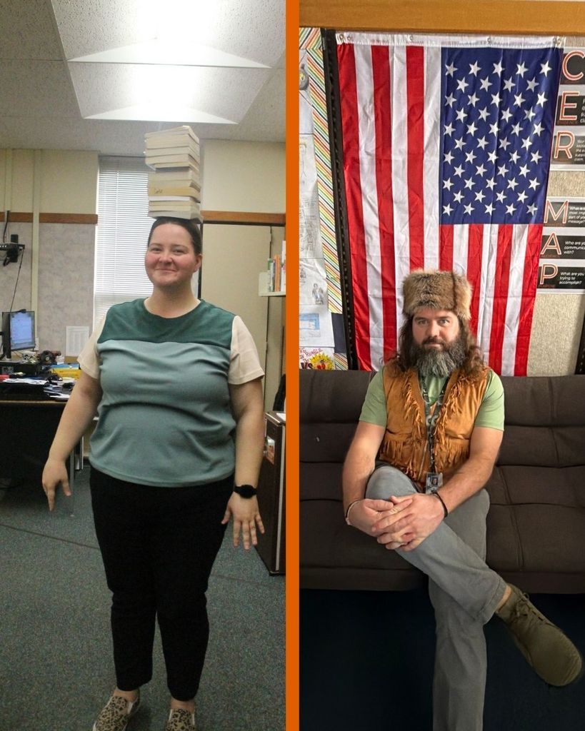 A teacher standing with a stack of book on her head. Another teacher dress as a fur trapper with a fur had and leather vest on