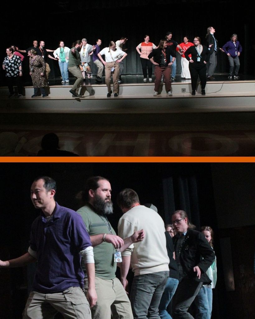 Group of teacher standing and dancing on stage