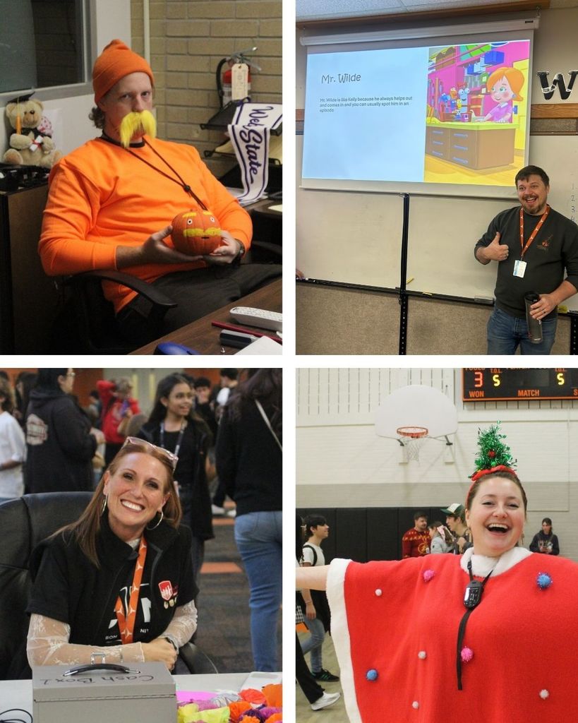 Four photos of individual teachers, One dressed as the Lorax, One holding his thumb up, another sitting and smiling, one teacher with a tree skirt as a shirt and a Christmas tree headband