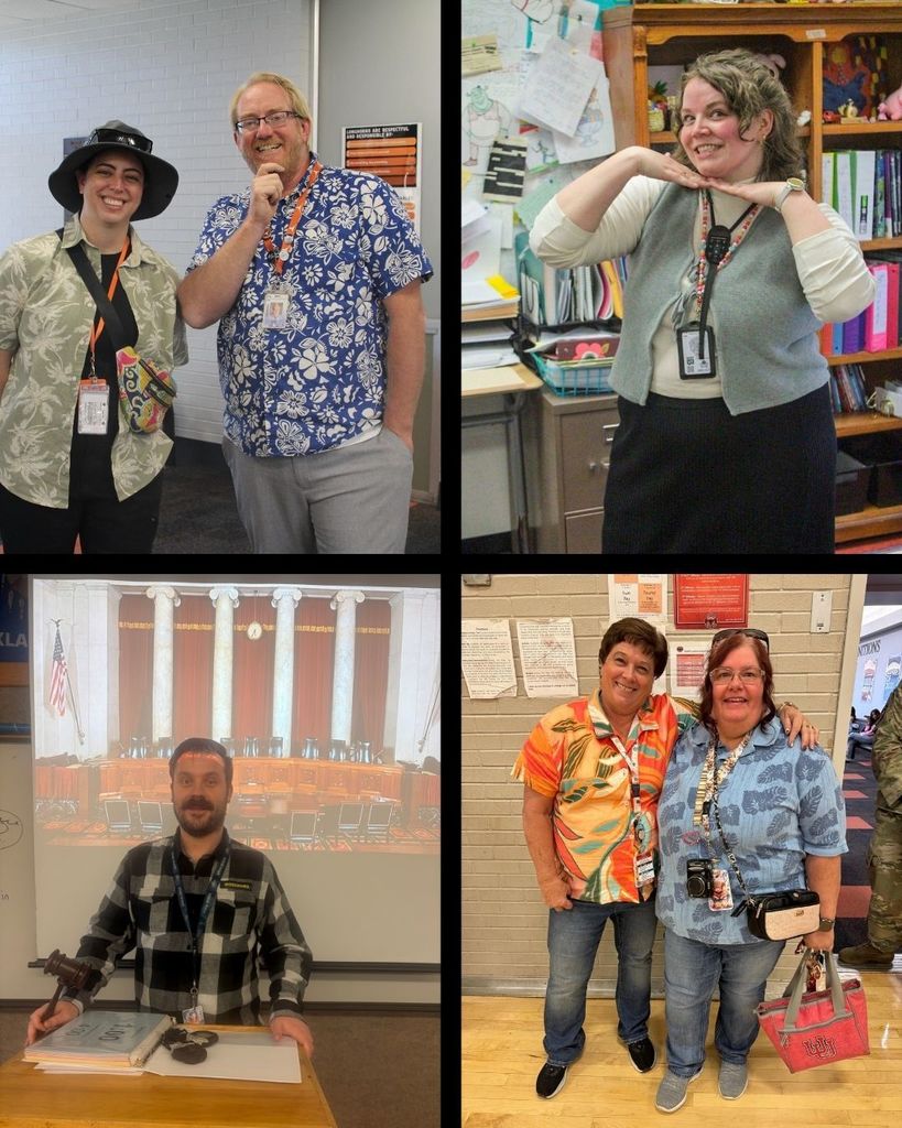 Photos of teaching, Four teachers in Hawaiian shirts, one smiling with hands under her chin and another teacher standing at a podium with a courtroom photo behind him