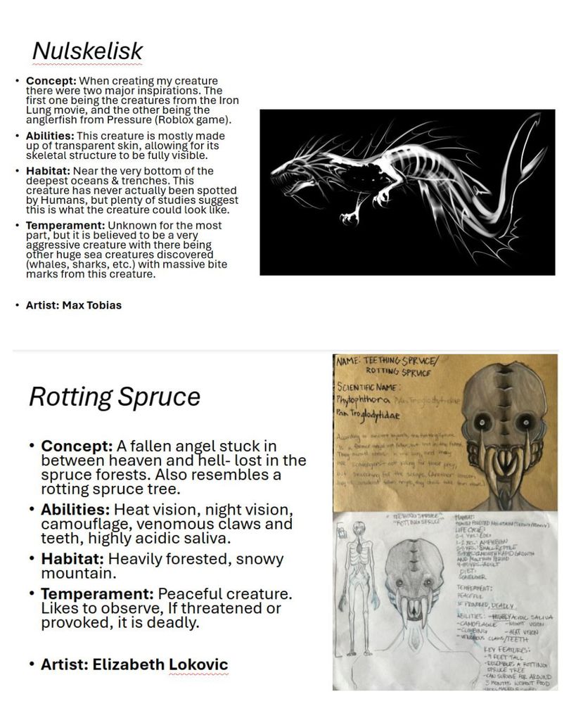 Creature Class artwork submissions by Max Tobias and Elizabeth Lokovic