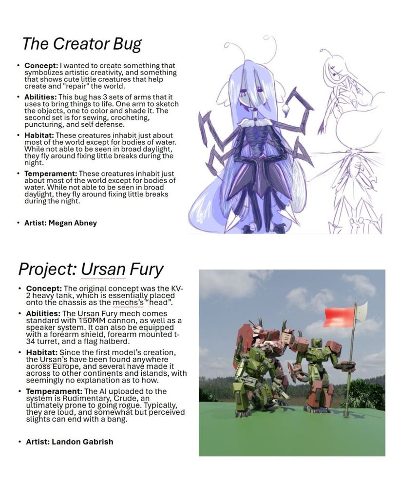 Creature Class artwork submissions by Megan Abney and Landon Gabrish