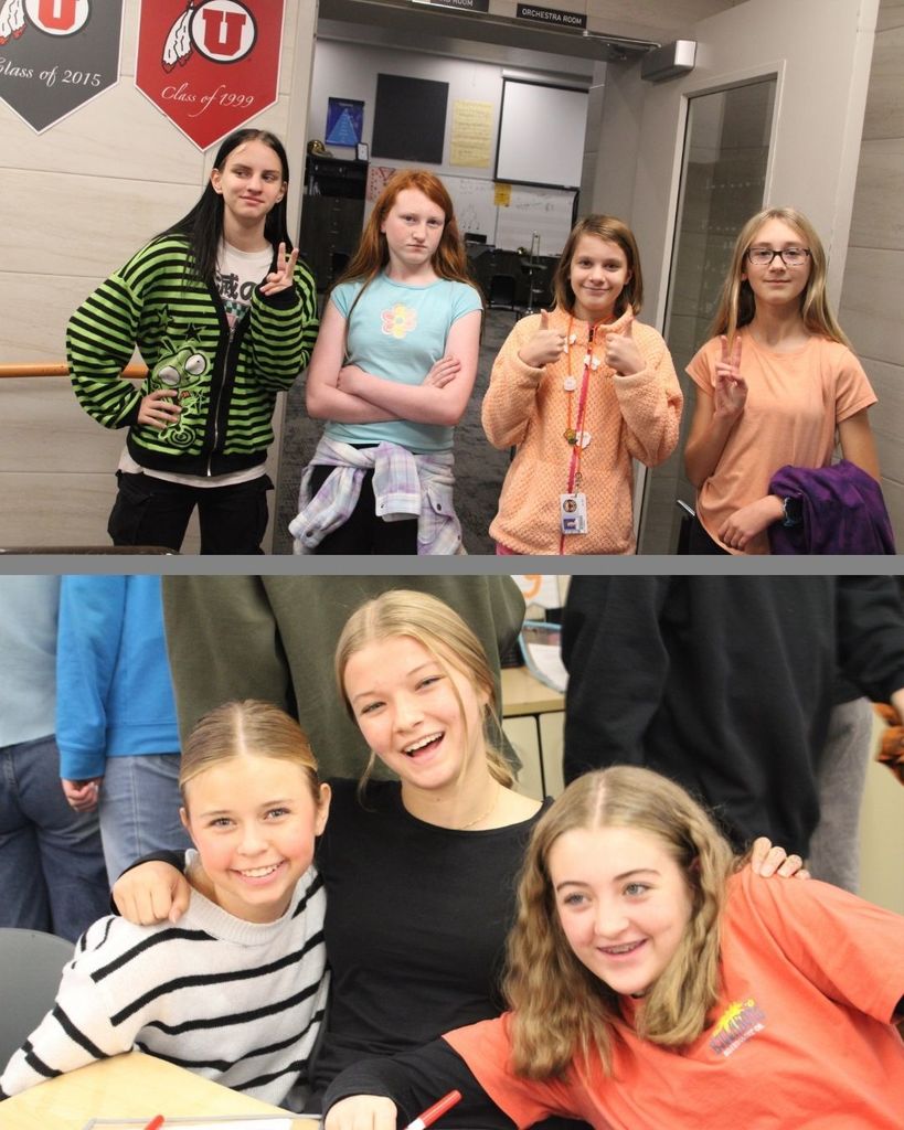 two photos of groups of children smiling 