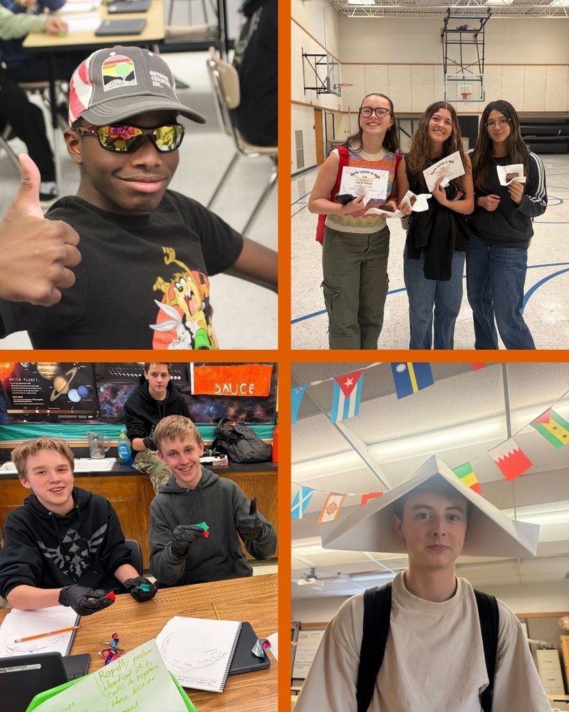 Four images, One with a student giving a thumbs up, one of three students holding certificates for 4.0 GPA, one student this a paper hat on and a final image of three students making models out of candy
