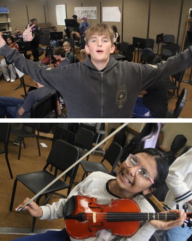 Top image is a student with arms wide open. Bottom image is a girl holding a violin. 