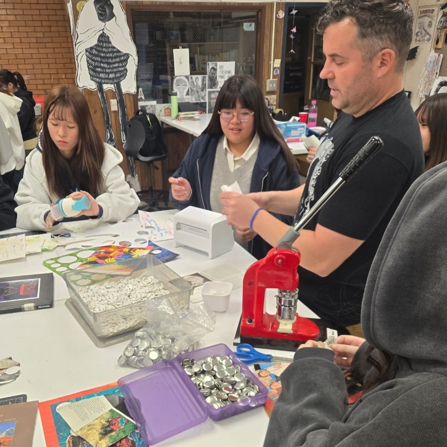 Mr crane, helping taiwanese exchange students with their art project