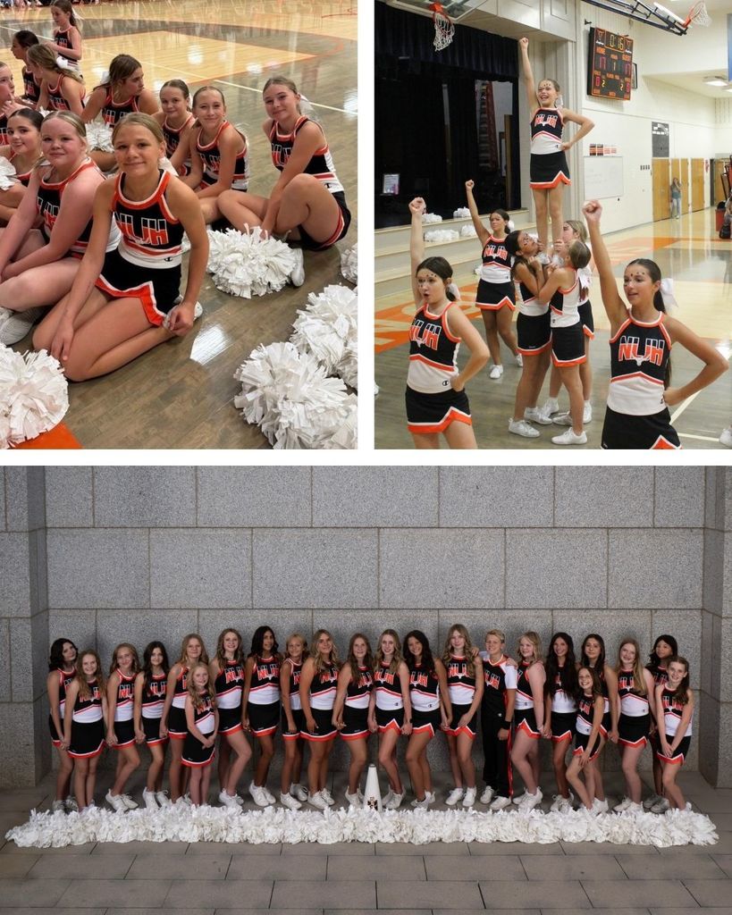 A group photo of North Layton Jr. High cheerleaders and two images of them performing