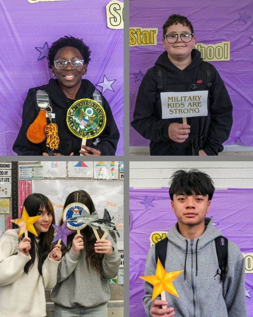 Different students holding up props celebrating being a military kid 