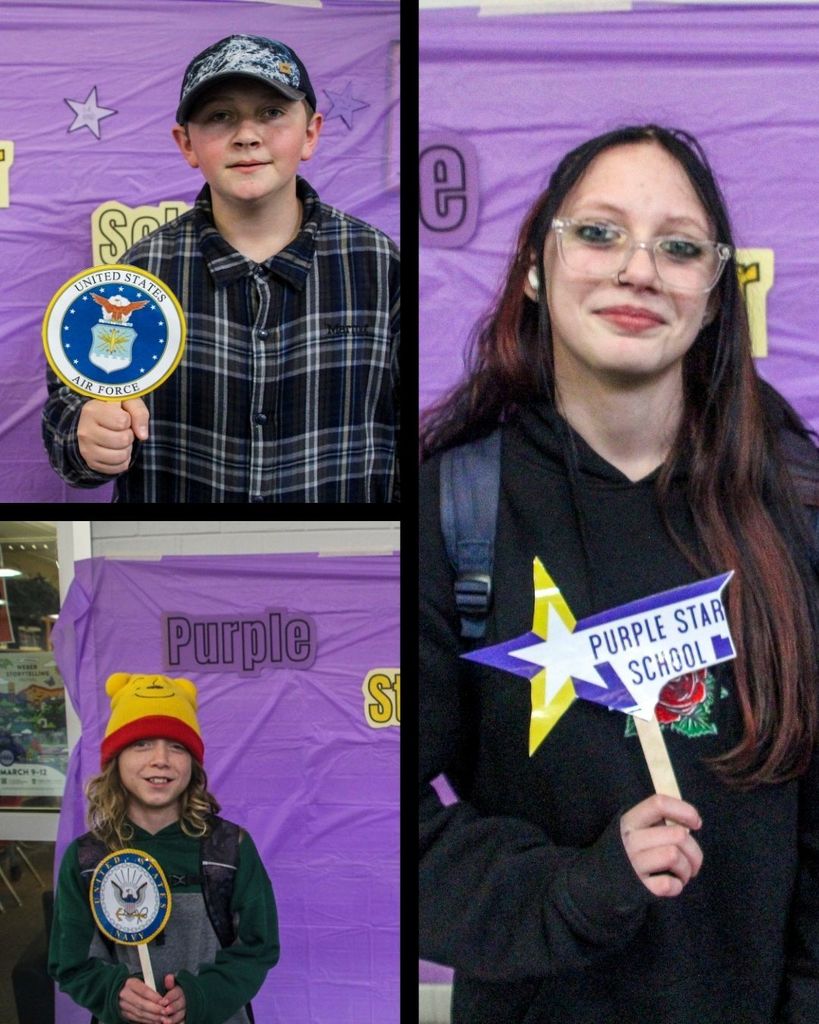 Different students holding up props celebrating being a military kid 