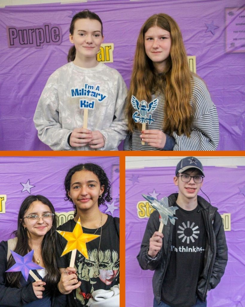 Different students holding up props celebrating being a military kid 