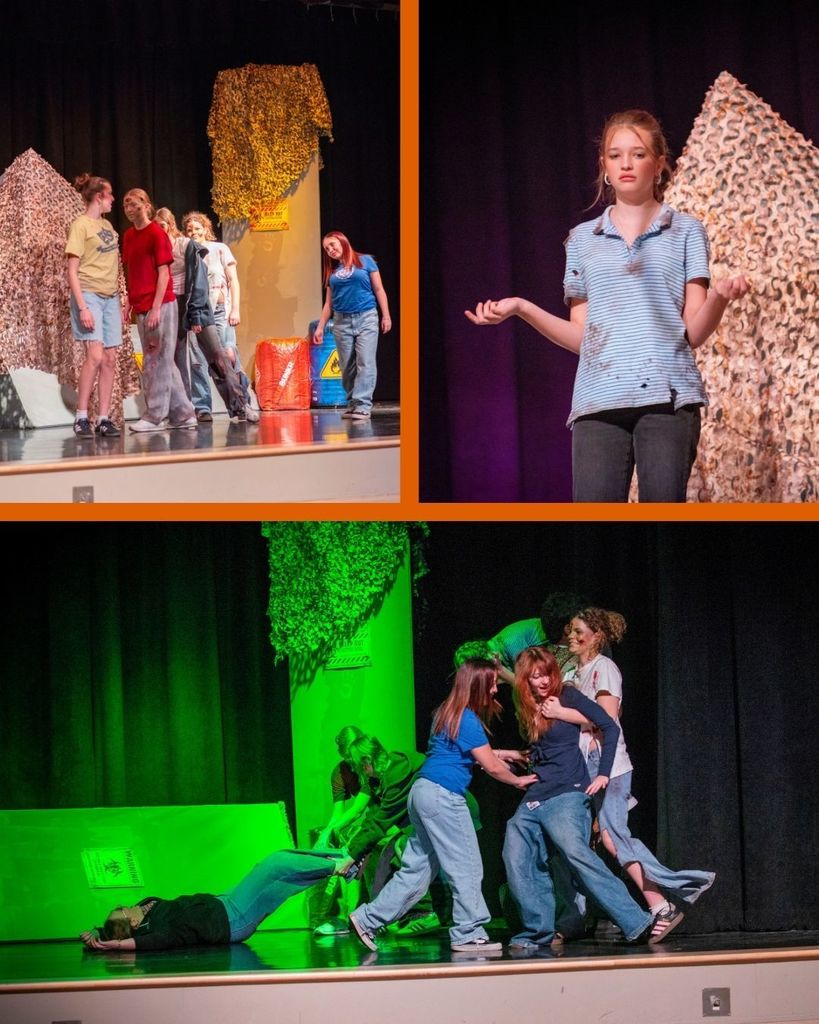 Students  on stage during the performance of 10 ways to survive a zombie apocalypse 