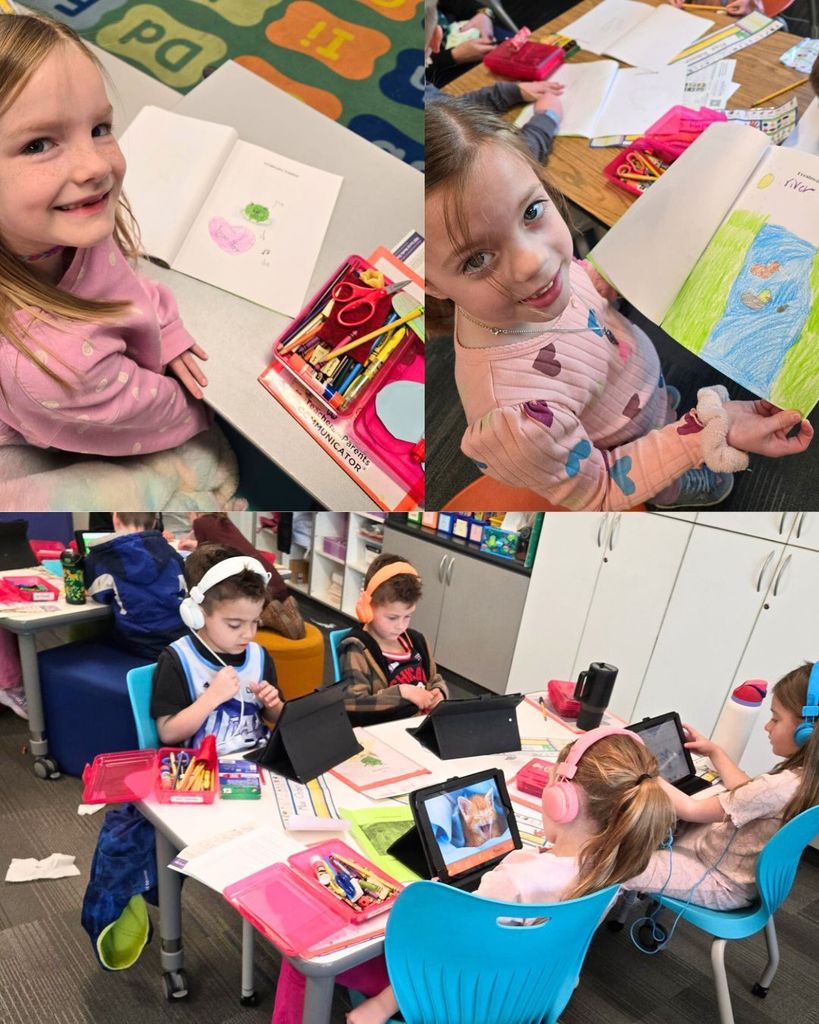 Students work at tables using tablets and drawing materials to research animals and create habitat journals. Some students wear headphones while focusing on their projects.