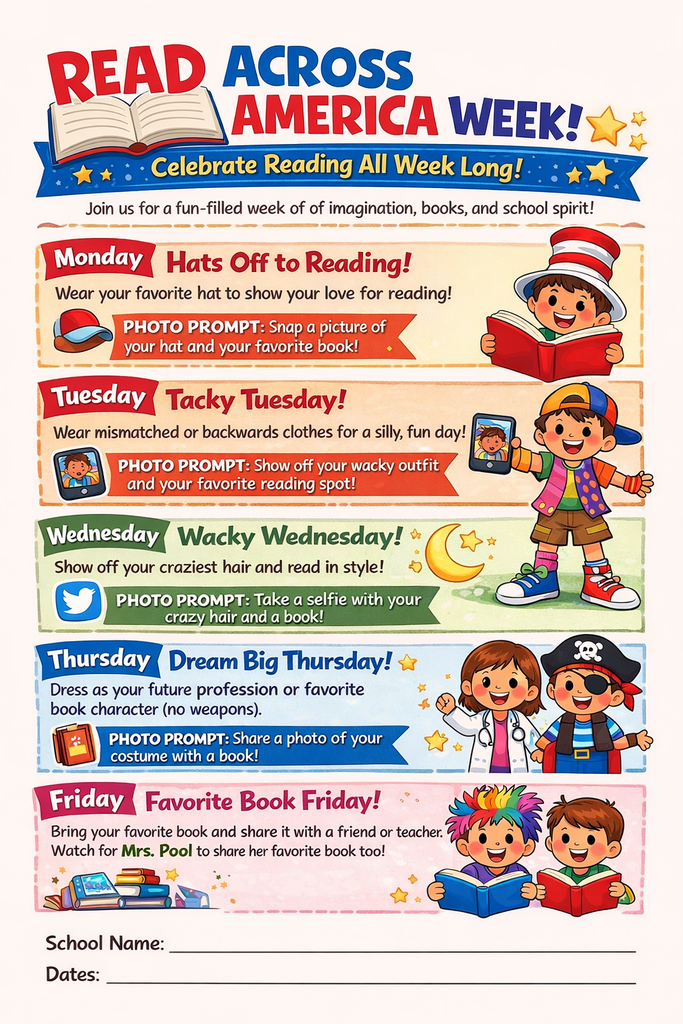 Read Across America March 2-6 at Antelope Elementary!  This is a week of Fun things.  