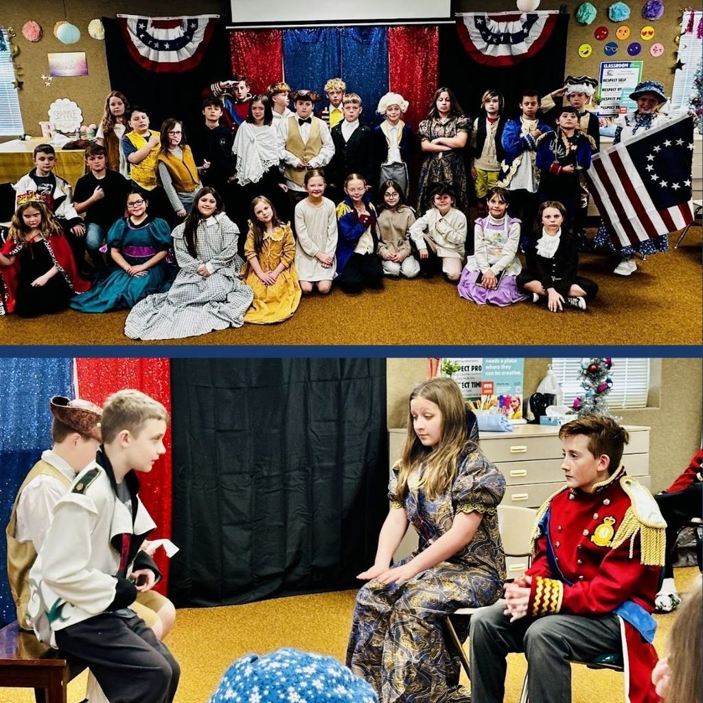 Students dressed as historical American  Revolution figures.