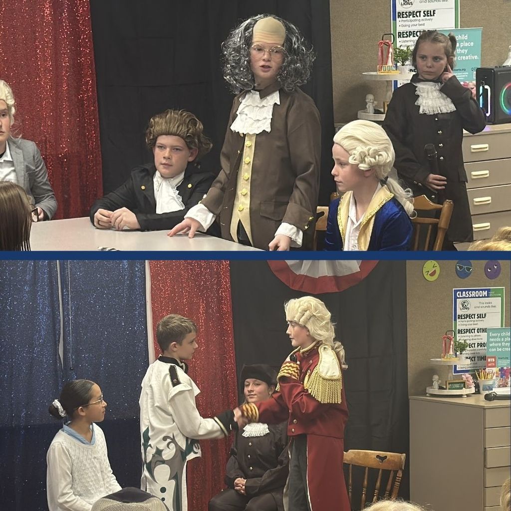 Students dressed as historical American  Revolution figures.