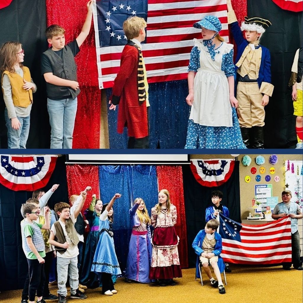 Students dressed as historical American  Revolution figures.