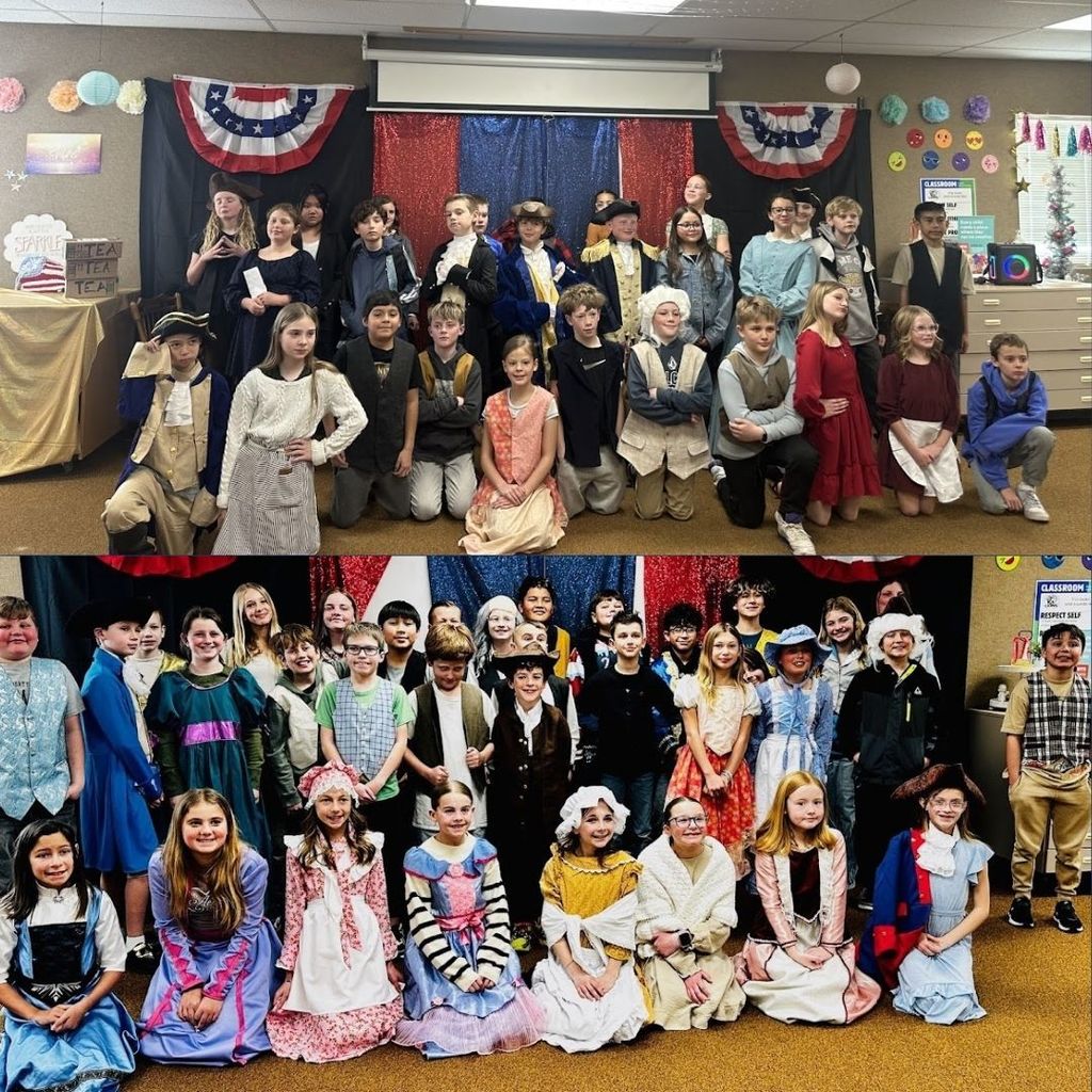 Students dressed as historical American  Revolution figures.