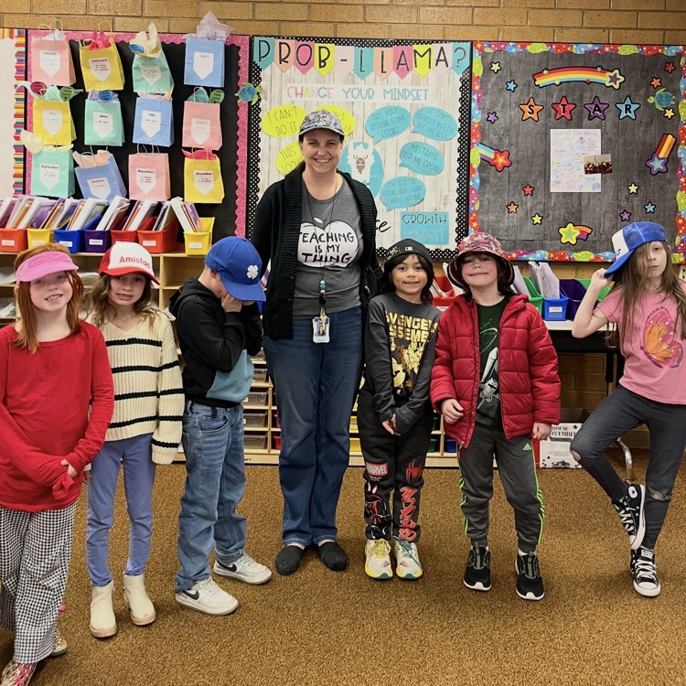 1st graders wearing hats for Dr. Seuss - Cat in the Hat day 