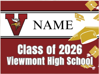 V with viking head logo - NAME - class of 2026 Viewmont High School - yard sign red and white with yellow graduation caps