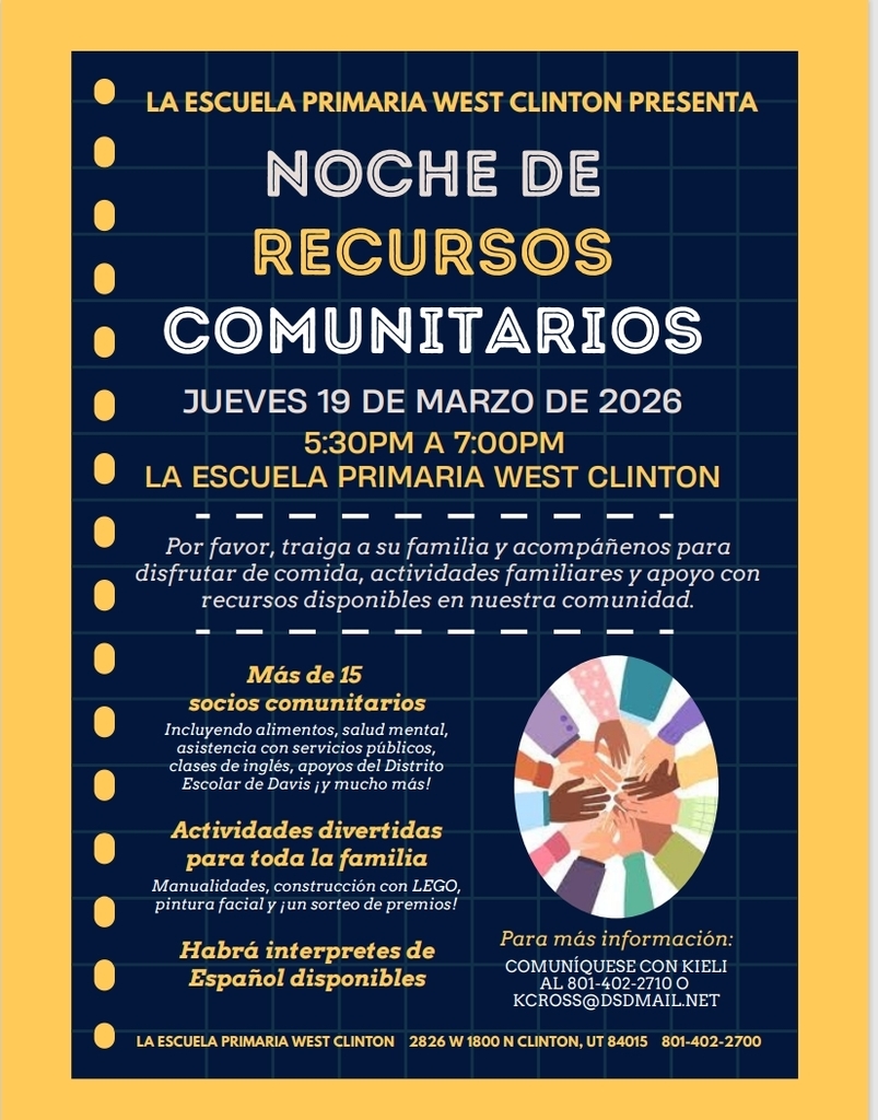 West Clinton presenta Noche de Recursos Comunitarios. Jueves 19 de Marzo De 2026. 5:30 - 7:00 PM. La escuela Primaria West Clinton