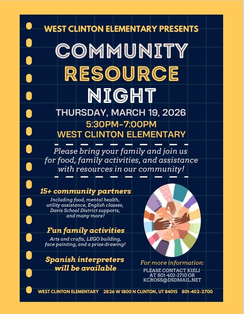 West Clinton Elementary Community Resource Night. Thursday, March 19 from 5:30 - 7:00 PM. Pizza and raffle prizes.