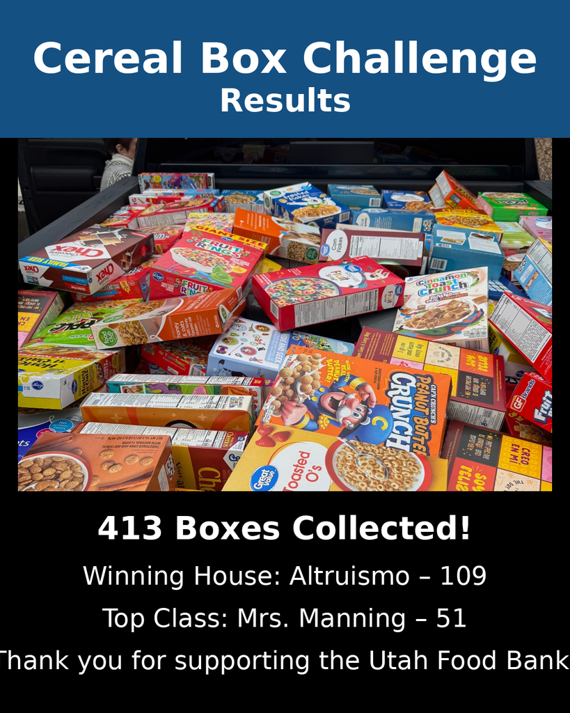 Thank you for supporting the Utah Food Bank! 412 Boxes Collected, Winning House : Altruismo, Top Class: Mrs. Manning, 