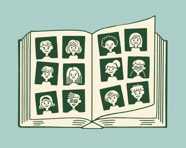 An open book with illustrations of individual yearbook pictures