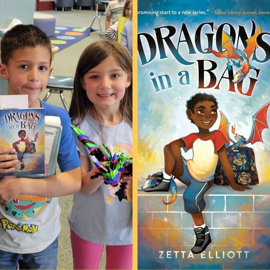 Students holding books and a 3d dragon and the book Dragons n a Bag.