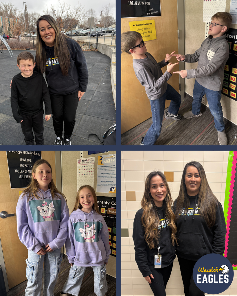 A four‑panel collage showing students and staff dressed for a themed school day. The top-left panel shows an adult and a child standing outside on a playground area, both wearing black outfits with matching school-themed sweatshirts. The top-right panel shows two students indoors playfully posing near a classroom door, both wearing gray sweatshirts and jeans. The bottom-left panel shows two students standing side by side in a hallway, both wearing light purple hoodies with a cat graphic and gray pants. The bottom-right panel shows two adults standing against a tiled school wall, both wearing matching black school-themed sweatshirts and dark pants. A “Wasatch Eagles” logo appears in the bottom corner of the collage.