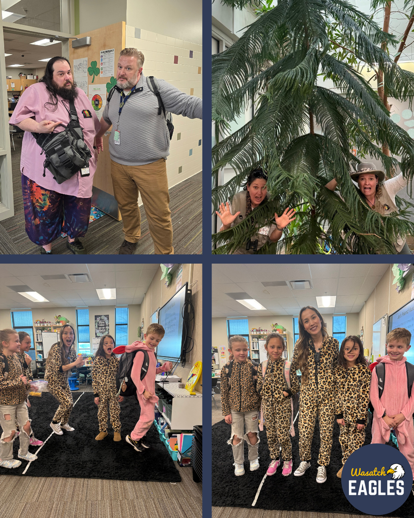 A four‑panel photo collage from a school setting. The top-left panel shows two adults standing in a hallway wearing colorful and themed outfits, each with bags and lanyards. The top-right panel shows children playfully posing behind the branches of a tall, leafy indoor tree so that their bodies and hands peek through the foliage. The bottom-left panel shows a group of children in a classroom, standing on a black rug and wearing matching animal-print outfits, with one child in a pink outfit. The bottom-right panel shows the same group of children lined up in the classroom, still wearing matching themed outfits. In the corner of the collage is a circular logo with the words “Wasatch Eagles.”