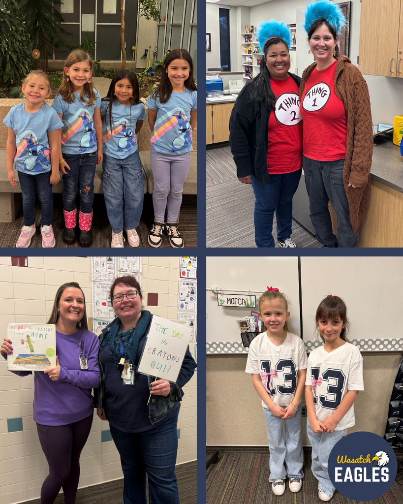 A four‑panel school photo collage. The top-left panel shows a group of children standing together wearing matching blue shirts featuring a character riding a rainbow. The top-right panel shows two adults dressed as “Thing 1” and “Thing 2,” each wearing red shirts with the labels and bright blue wigs. The bottom-left panel shows two adults standing in a hallway holding signs; one sign features a crayon drawing, and the other reads “The Day the Crayons Quit.” The bottom-right panel shows two children standing side by side in a classroom wearing matching white sports‑style shirts with the number 13 on them. A “Wasatch Eagles” logo appears in the bottom corner of the collage.