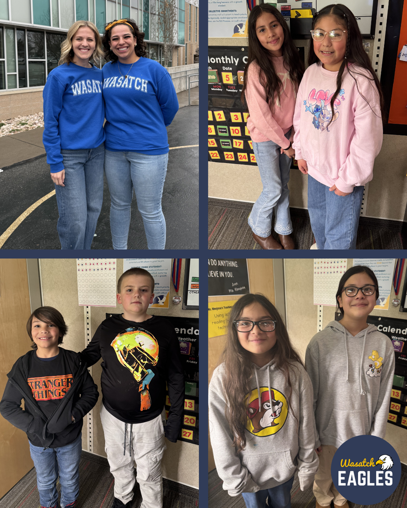 A four‑panel collage featuring students and staff participating in a themed dress‑up day. The top-left panel shows two individuals standing outside a school building wearing matching blue “WASATCH” sweatshirts and jeans. The top-right panel shows two students standing side by side in a classroom, both wearing light pink sweatshirts with cartoon designs and jeans. The bottom-left panel shows two students standing in front of a classroom wall; one is wearing a black “Stranger Things” hoodie and jeans, while the other is wearing a black hoodie with a colorful graphic design and light-colored pants. The bottom-right panel shows two students standing together wearing gray hoodies with cartoon graphics and jeans. A “Wasatch Eagles” logo appears in the lower corner of the collage.