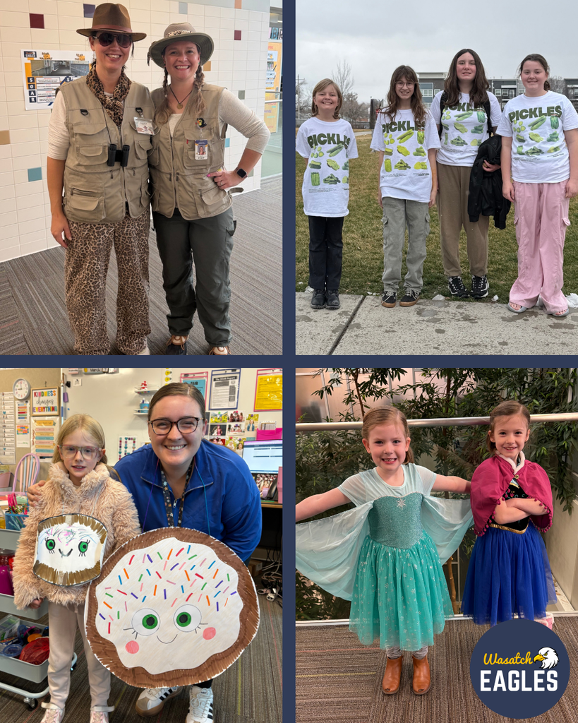 A four‑panel collage showing students and staff dressed in themed outfits. The top-left panel shows two individuals standing in a school hallway wearing safari‑style clothing, including khaki vests, hats, and cargo pants. The top-right panel shows four students standing outdoors on a cloudy day, all wearing matching “PICKLES” shirts with pickle illustrations and casual pants. The bottom-left panel shows a student and an adult in a classroom; the student is holding a large round costume shaped like a frosted donut, and both are wearing colorful, themed accessories. The bottom-right panel shows two students standing near an indoor railing, each dressed in character‑themed costumes with flowing skirts and capes. A “Wasatch Eagles” logo appears in the bottom corner of the collage.